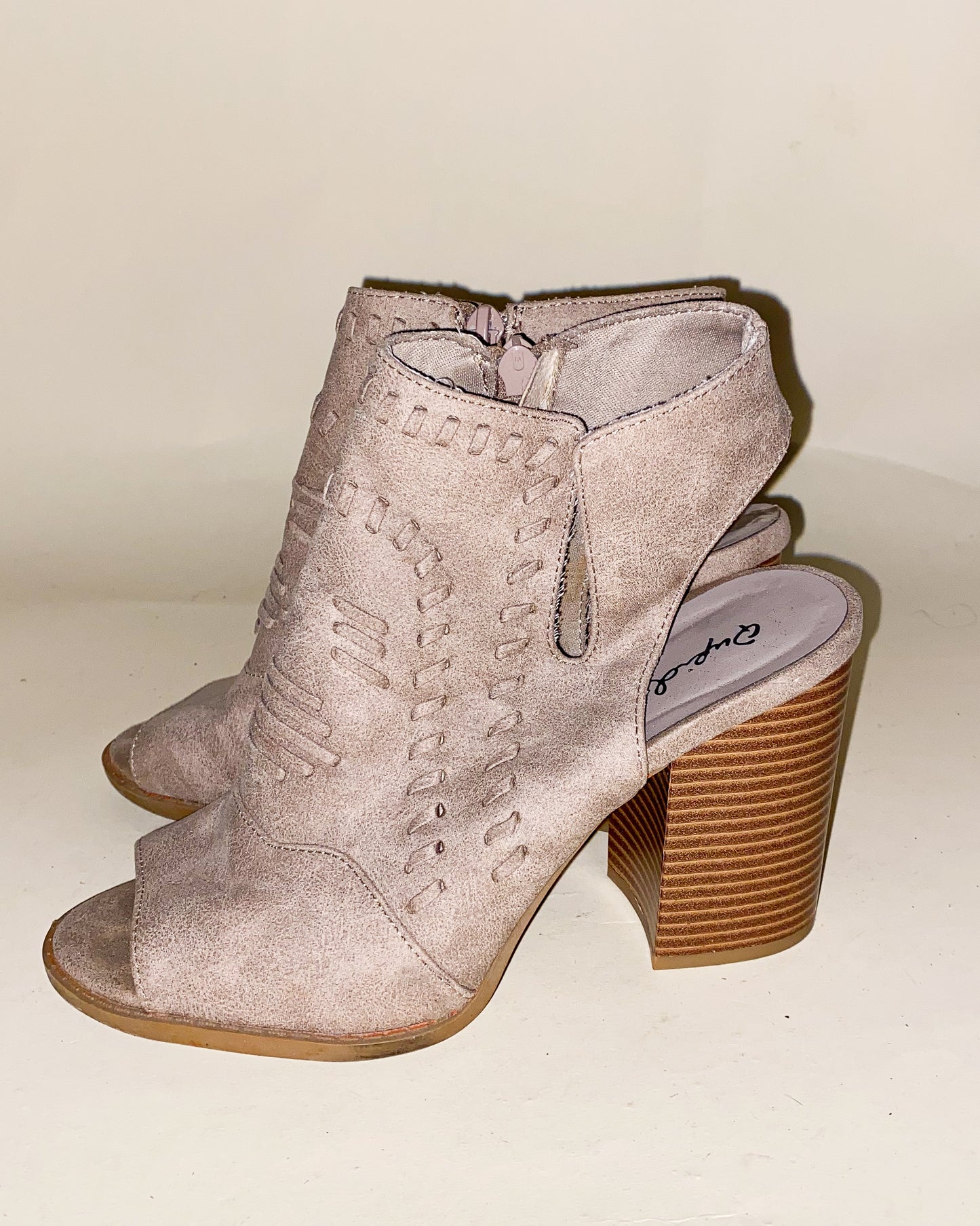 Woven-Inspired Beige Peep Toe Boots