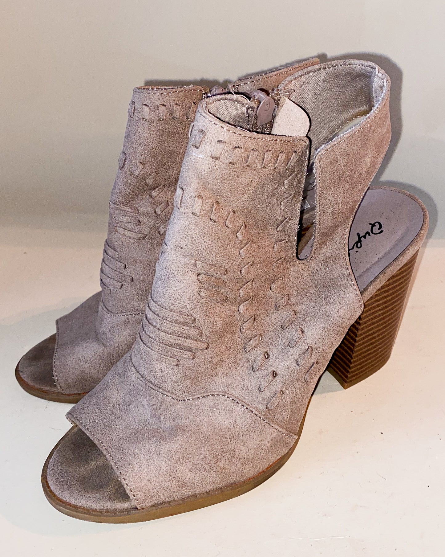 Woven-Inspired Beige Peep Toe Boots