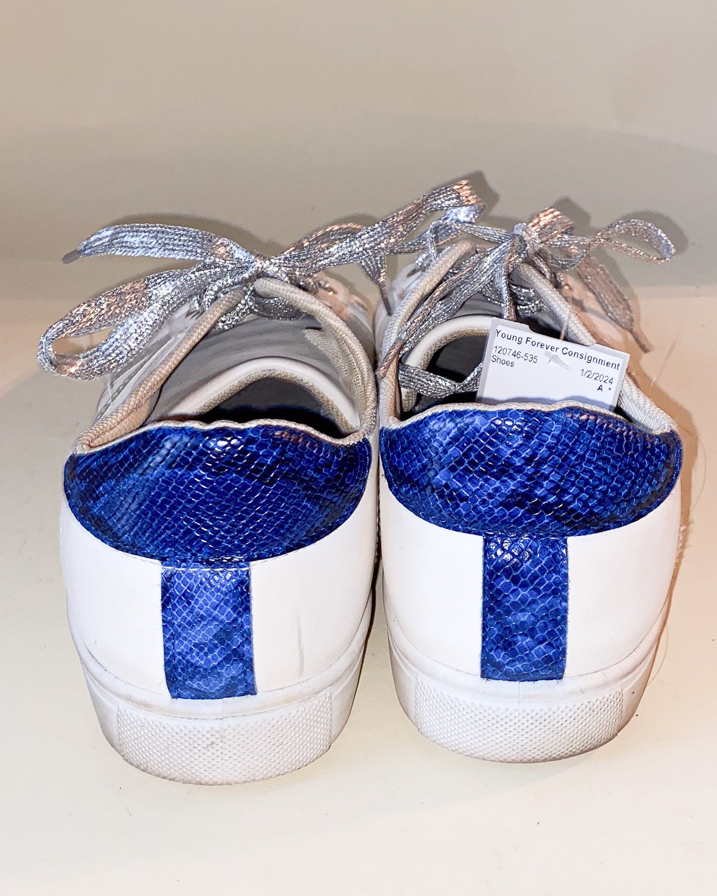 White Sneakers with Silver and Snakeskin Blue Embellishments