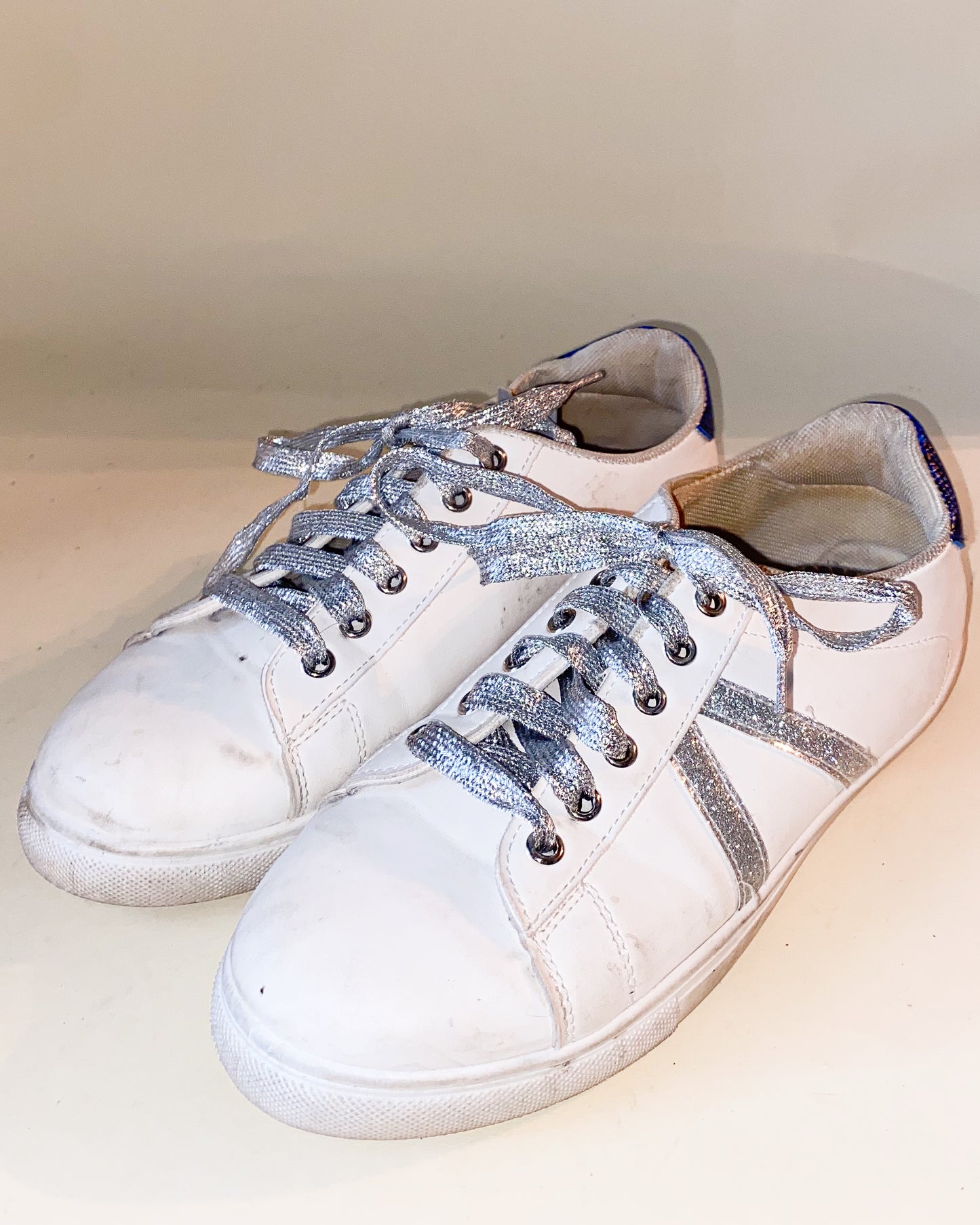 White Sneakers with Silver and Snakeskin Blue Embellishments