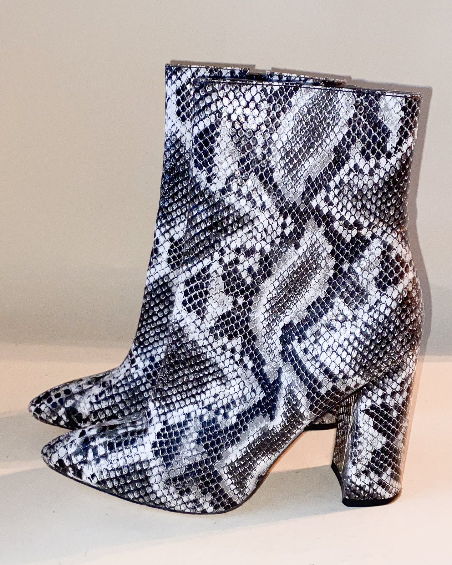 Black and White Faux Snakeskin Zip Up Heeled Boots