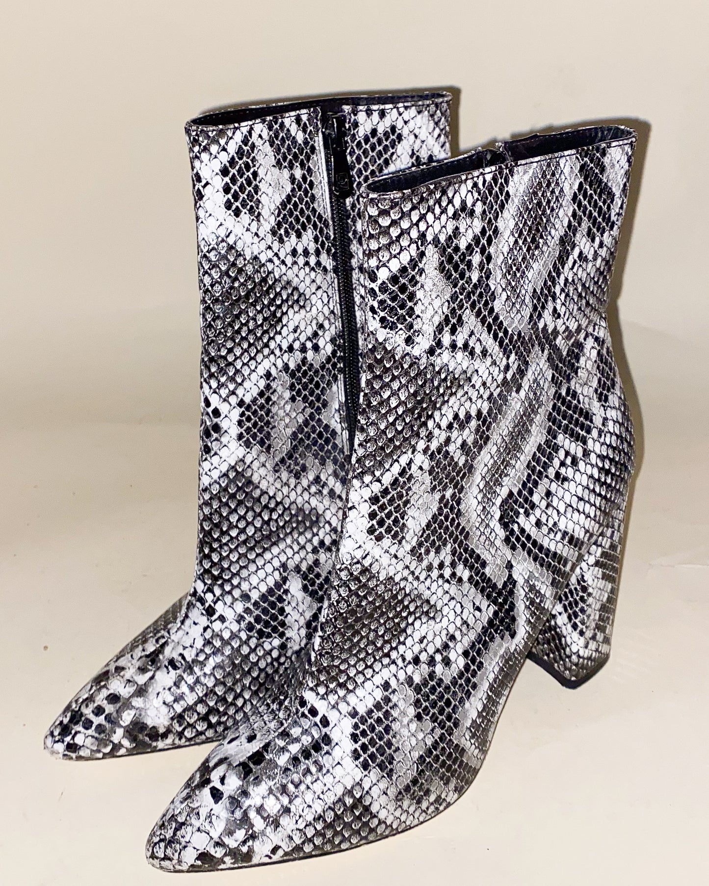 Black and White Faux Snakeskin Zip Up Heeled Boots