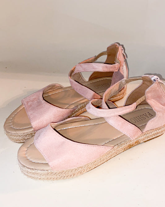 Pale Pink Ankle Strapped Peep Toe Espadrilles Flats