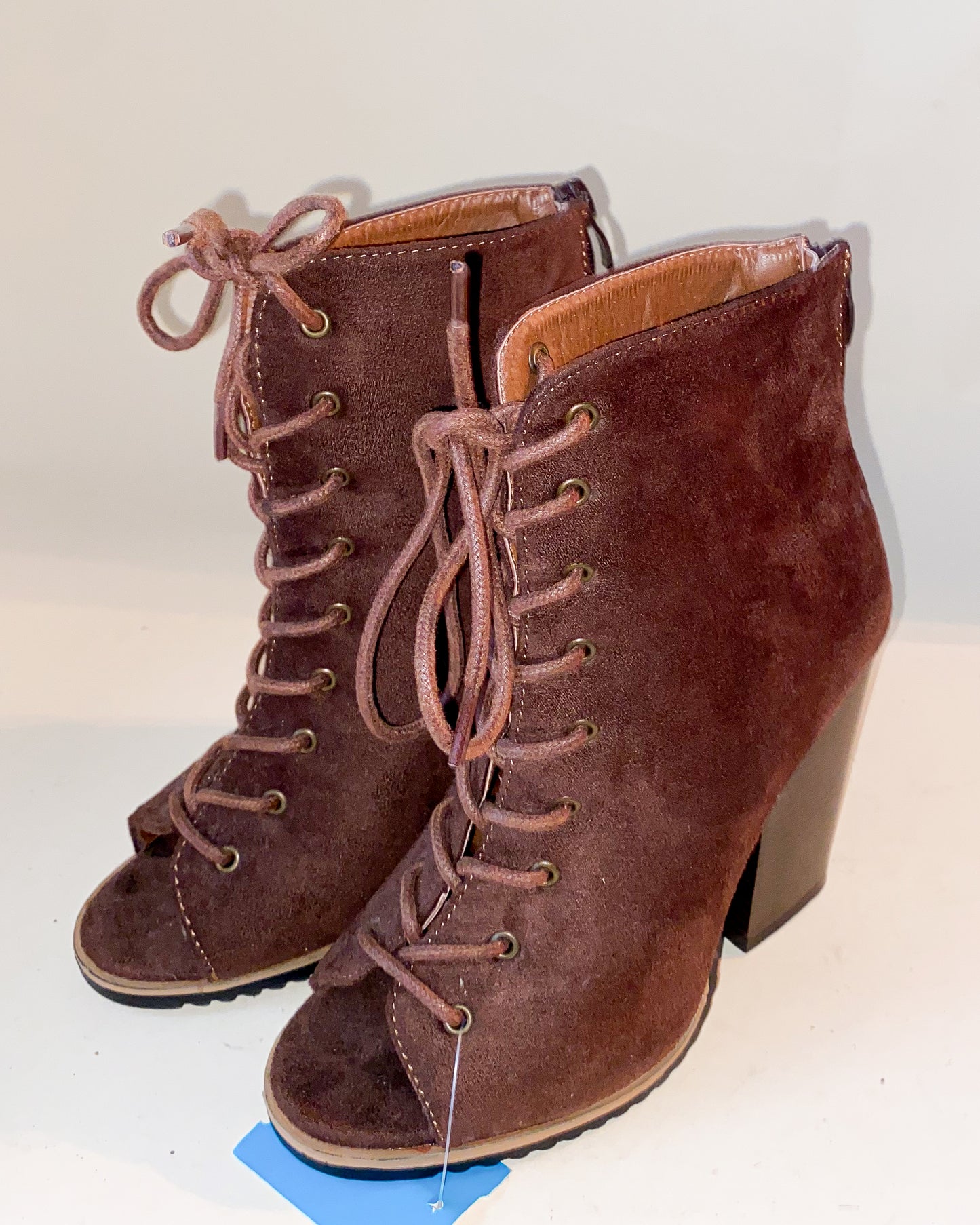 Brown Suede Long Lace Up Heeled Boots