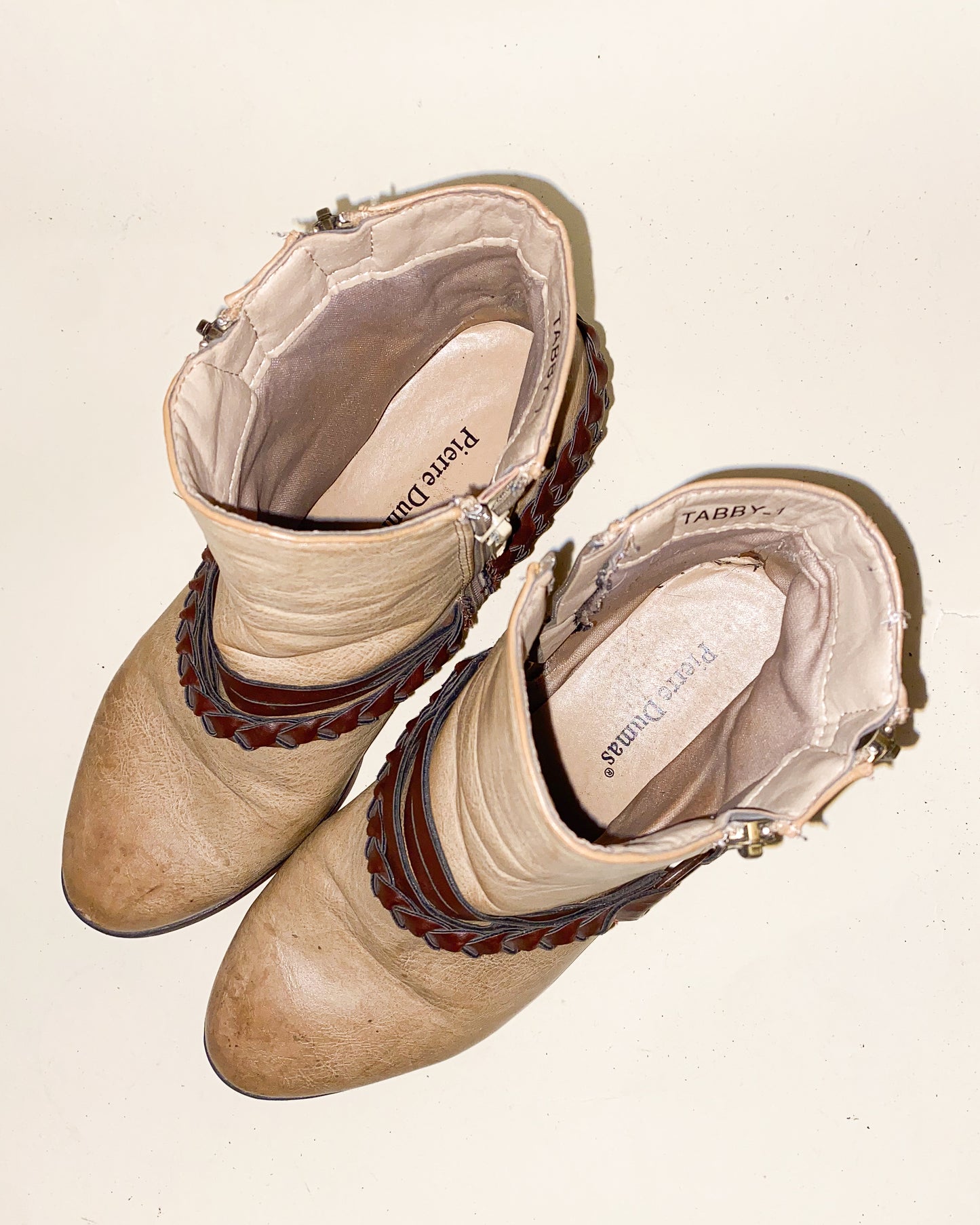 Beige Cowboy-Styled Ankle Boots with Dark Brown Braided Accent