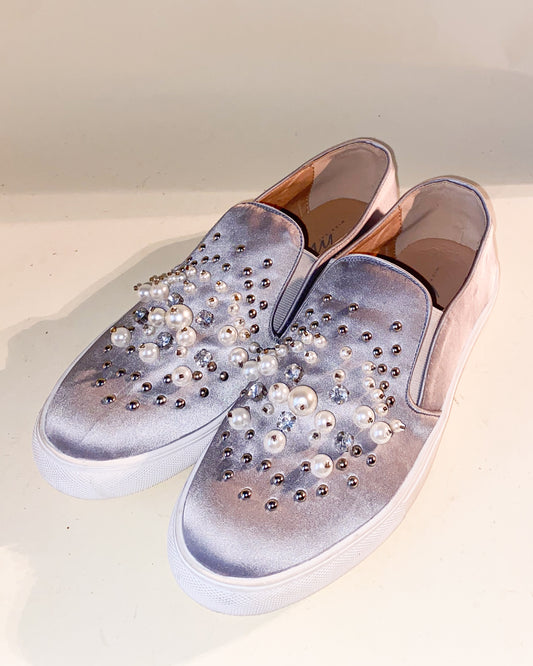 Silver Pearl and Gem Studded Metallic Loafers