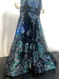 Jasz Prom Dress | size 2 | black with silver, blue, & green sequins & lace corset top