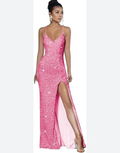 Pink Spaghetti Strap High Slit Sequin Formal Gown | size 8/10
